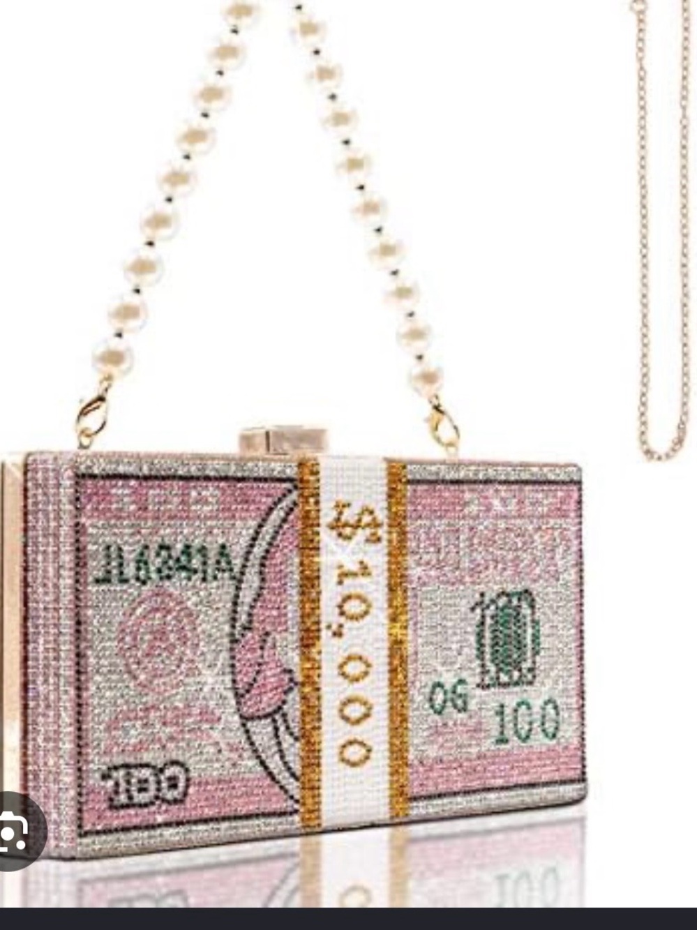 Crystal-Embellished Pink Money-Print Tansoiii Clutch with chain  Handle